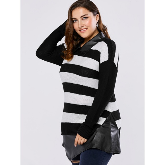 Plus Size Sweater w/ Vegan Leather Collar & Hem - Picture 2 of 8